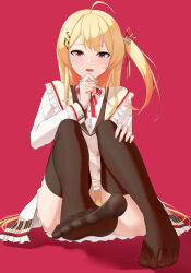 Rule 34 | 1girl, blonde hair, feet, hand on own knee, highres, hololive, hololive dev is, hui yu, long hair, looking at viewer, open mouth, otonose kanade, panties, pantyshot, red eyes, regloss, see-through, see-through legwear, side ponytail, soles, thighhighs, toes, underwear, virtual youtuber