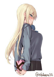 Rule 34 | 1girl, alternate costume, back, bismarck (kancolle), black skirt, blonde hair, blue eyes, blush, box, breasts, candy, chocolate, chocolate heart, cowboy shot, ebifurya, food, gift, gift box, grey sweater, hair between eyes, happy valentine, heart, heart-shaped box, highres, holding, holding gift, incoming gift, kantai collection, long hair, long sleeves, looking at viewer, looking back, medium breasts, one-hour drawing challenge, school uniform, simple background, skirt, solo, sweater, twitter username, valentine, white background