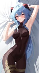Rule 34 | 1girl, absurdres, ahoge, arm up, arms up, bare shoulders, bed, black leotard, black pantyhose, blue hair, blush, bodystocking, bodysuit, breasts, covered navel, ganyu (genshin impact), genshin impact, gold trim, highres, horns, leavv, leotard, leotard under clothes, long hair, looking at viewer, lying, medium breasts, on back, pantyhose, purple eyes, sidelocks, solo, thighlet, thighs