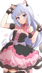 Rule 34 | 1girl, animal ear fluff, animal ears, armlet, bell, black dress, black gloves, black thighhighs, blue eyes, blue hair, bow, bowtie, breasts, cat ears, cat tail, dress, dress bow, fingerless gloves, frilled dress, frills, gloves, hands up, head tilt, heel up, highres, idolmaster, idolmaster million live!, idolmaster million live! theater days, light blue hair, looking at viewer, neck bell, nnnn, parted lips, paw pose, paw print, pink bow, pink bowtie, pink dress, pink footwear, shiraishi tsumugi, simple background, small breasts, solo, standing, standing on one leg, tail, thighhighs, two-tone dress, white background