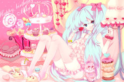Rule 34 | 1girl, apple, aqua hair, bad id, bad pixiv id, blue eyes, cake, doughnut, female focus, food, fork, fruit, hatsune miku, heart, holding, holding fork, kajiami, lamp, lol -lots of laugh- (vocaloid), long hair, macaron, pastry, sitting, smile, solo, strawberry, stuffed animal, stuffed toy, thighhighs, tiered tray, twintails, very long hair, vocaloid