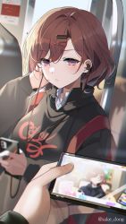 Rule 34 | 1girl, artist name, backpack, bag, banned artist, black shirt, brown hair, cellphone, commentary request, earphones, hair ornament, hairclip, hairpin, highres, higuchi madoka, idolmaster, idolmaster shiny colors, looking at viewer, mole, mole under eye, phone, pov, pov hands, red eyes, sake dong, shirt, short hair, smartphone, solo focus, sweater