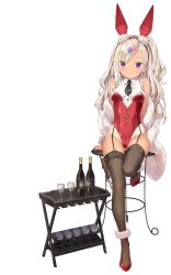 Rule 34 | 1girl, animal ears, archerfish (azur lane), archerfish (coquettish bunny) (azur lane), azur lane, bare shoulders, bird, black thighhighs, bottle, breasts, chick, closed mouth, cocktail glass, cup, drinking glass, fake animal ears, feather boa, garter straps, hairband, highleg, highleg leotard, highres, kani biimu, leg up, leotard, long hair, looking at viewer, manjuu (azur lane), medium breasts, necktie, off shoulder, official alternate costume, official art, one side up, playboy bunny, purple eyes, rabbit ears, red footwear, red leotard, shoes, short necktie, silver hair, sitting, smile, solo, stool, tan, tanline, thighhighs, thighs, transparent background, wavy hair, wing collar
