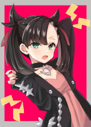 Rule 34 | 1girl, :o, arm up, asymmetrical bangs, black choker, black hair, black jacket, black nails, blush, border, choker, collarbone, commentary request, creatures (company), dress, game freak, green eyes, grey border, hair ribbon, highres, jacket, long hair, looking at viewer, looking back, marnie (pokemon), nail polish, nintendo, open clothes, open jacket, open mouth, outside border, pink background, pink dress, pokemon, pokemon swsh, red ribbon, ribbon, rino cnc, simple background, sleeves past wrists, solo, twintails, upper body
