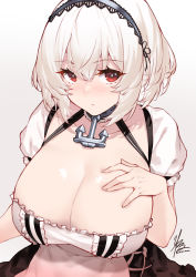 Rule 34 | 1girl, absurdres, anchor symbol, apron, azur lane, black hairband, blush, breasts, breasts day, brown dress, cleavage, dress, from above, hairband, hand on own chest, highres, kimi tsuru, large breasts, looking at viewer, puffy short sleeves, puffy sleeves, red eyes, shiny skin, short hair, short sleeves, signature, simple background, sirius (azur lane), solo, waist apron, white apron, white hair