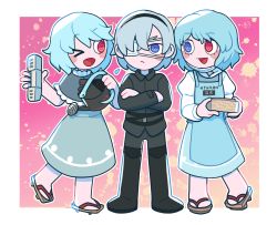 Rule 34 | &gt; o, 3girls, @ @, apron, bandage over one eye, black coat, black pants, blue apron, blue eyes, blue hair, blue skirt, blue vest, border, closed mouth, coat, commentary request, cookie (touhou), crossed arms, frown, full body, geta, heterochromia, highres, hita (hizokuseikogeki), holding, holding watering can, juliet sleeves, long sleeves, looking at another, mikami makoto, mioto (cookie), multiple girls, no socks, nyankoro (cookie), one eye closed, open mouth, pants, puffy sleeves, red eyes, shirt, short hair, skirt, smile, standing, tatara kogasa, touhou, transparent border, vest, watering can, white shirt