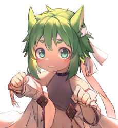 Rule 34 | 1boy, androgynous, animal ears, aqua eyes, blush, chinese clothes, clenched hands, dudou, ear piercing, green hair, hair between eyes, headband, highres, male focus, original, piercing, solo, trap, tsukibara, upper body, white background, white headband, wide sleeves