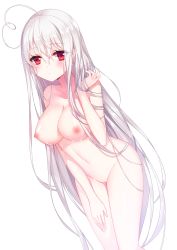 Rule 34 | 1girl, absurdres, ahoge, blush, breasts, cleft of venus, highres, large breasts, long hair, looking at viewer, niliu chahui, nipples, nude, pussy, red eyes, solo, standing, tokisaki mio (niliu chahui), very long hair, wet, white hair