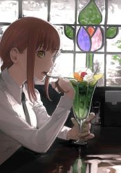 Rule 34 | 1girl, black necktie, braid, braided ponytail, breasts, chainsaw man, cherry, collared shirt, commentary, cream, dress shirt, eating, eyelashes, food, from side, fruit, glass, highres, holding, holding spoon, ice, ice cream, ice cube, indoors, kamo (kamonegioisi), long sleeves, makima (chainsaw man), medium breasts, medium hair, necktie, open mouth, orange (fruit), orange slice, parfait, pocky, profile, red hair, restaurant, ringed eyes, shirt, sidelocks, sitting, solo, spoon, stained glass, sunlight, twitter username, upper body, whipped cream, white shirt, wing collar, yellow eyes