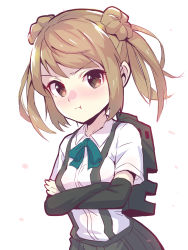 Rule 34 | 1girl, arm warmers, backpack, bag, brown eyes, commentary request, crossed arms, double bun, grey skirt, hair bun, highres, kantai collection, light brown hair, looking at viewer, michishio (kancolle), one-hour drawing challenge, pleated skirt, pout, shirt, short sleeves, short twintails, simple background, skirt, solo, suspender skirt, suspenders, twintails, upper body, white background, white shirt, yako (yako noir)