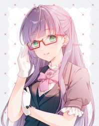 Rule 34 | 1girl, adjusting eyewear, bespectacled, black jacket, closed mouth, collar, commentary request, earrings, frilled collar, frilled sleeves, frills, glasses, gloves, green eyes, hair down, half updo, highres, jacket, jewelry, link! like! love live!, long hair, looking at viewer, love live!, otomune kozue, puffy short sleeves, puffy sleeves, purple hair, red-framed eyewear, semi-rimless eyewear, shirt, short sleeves, smile, solo, tadano yukiko, twitter username, upper body, white gloves, white shirt