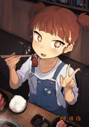Rule 34 | 1girl, 2022, absurdres, beef, blue overalls, brown eyes, brown hair, chopsticks, cooking, eating, food, girls und panzer, grill, grilling, highres, indoors, looking at viewer, mikko (girls und panzer), open mouth, overalls, rice, shirt, short twintails, sitting, sleeves rolled up, smile, solo, star-shaped pupils, star (symbol), symbol-shaped pupils, toku (yhpv8752), twintails, v, white shirt