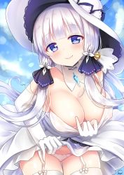 Rule 34 | 1girl, azur lane, blue eyes, blunt bangs, breasts, clothes lift, clothes pull, commentary request, cowboy shot, detached collar, dress, dress lift, dress pull, elbow gloves, garter straps, gloves, hat, highres, illustrious (azur lane), large breasts, long hair, looking at viewer, low twintails, mole, mole under eye, panties, piripun, smile, solo, thighhighs, twintails, underwear, white dress, white gloves, white hair, white panties, white thighhighs
