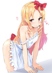 Rule 34 | 10s, 1girl, apron, ass, blonde hair, blush, bow, breasts, brown eyes, commentary request, drill hair, eromanga sensei, hair bow, hairband, highres, leaning forward, long hair, looking at viewer, muoto, naked apron, pointy ears, red bow, small breasts, smile, solo, strap slip, twin drills, yamada elf