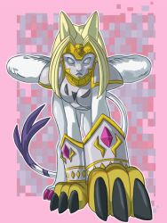 Rule 34 | armor, cat, cat tail, claws, digimon, digimon (creature), digimon adventure 02, looking at viewer, mask, nefertimon, one foot over the other, shoulder armor, tail, wings