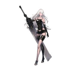 Rule 34 | 1girl, android, black gloves, black shorts, blue eyes, breasts, camisole, elbow gloves, full body, gloves, highres, holding, holding sword, holding weapon, huge weapon, joints, long hair, long legs, mole, mole under mouth, nier (series), nier:automata, nier reincarnation, official art, reverse grip, robot joints, shorts, silver hair, small breasts, solo, standing, sword, toes, type-4o blade, weapon, white background, a2 (nier:automata), yoshida akihiko