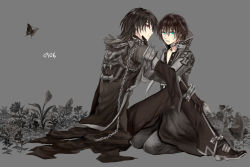 Rule 34 | 2boys, arch bishop (ragnarok online), black butterfly, black cape, black flower, black footwear, black gloves, black hair, black pants, black shirt, blue eyes, bug, butterfly, cape, cassock, chain, choker, commentary, cross, dark persona, dated, eyes visible through hair, flower, gauntlets, gloves, grass, grey background, hair between eyes, hand on own leg, hands on another&#039;s face, insect, limited palette, long sleeves, looking at viewer, looking back, misuguu, multiple boys, open mouth, pants, ragnarok online, red eyes, seiza, shirt, short hair, simple background, sitting, spot color, warlock (ragnarok online)