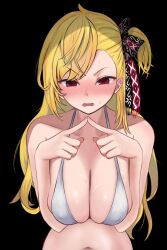 Rule 34 | 1girl, absurdres, black background, blonde hair, blush, breasts, cleavage, elds, hair ribbon, highres, hololive, hololive indonesia, kaela kovalskia, kaela kovalskia (business casual), large breasts, long hair, navel, official alternate costume, open mouth, red eyes, ribbon, simple background, solo, virtual youtuber