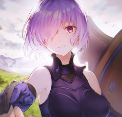 Rule 34 | 1girl, 1other, armor, bare shoulders, black armor, black gloves, breastplate, closed mouth, cloud, cloudy sky, commentary request, elbow gloves, eyes visible through hair, fate/grand order, fate (series), gloves, grass, hair over one eye, highres, holding, holding shield, holding weapon, light purple hair, looking at viewer, mash kyrielight, mountain, out of frame, outdoors, pov, purple eyes, purple gloves, shield, short hair, sky, smile, tamayai, two-tone gloves, weapon