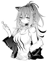 Rule 34 | 1girl, animal ear fluff, animal ears, arknights, bare shoulders, breasts, candy, cleavage, collar, collarbone, cropped torso, food, fur-trimmed jacket, fur trim, greyscale, hair between eyes, hand up, highres, holding, holding candy, holding food, holding lollipop, itsumi (itumiyuo), jacket, lollipop, long hair, medium breasts, monochrome, off shoulder, open clothes, open jacket, parted lips, ponytail, siege (arknights), solo, tank top, upper body