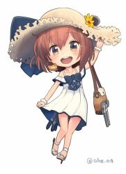 Rule 34 | 1girl, :d, ahenn, arm up, bare shoulders, blue bow, blush, bow, brown eyes, brown hair, brown hat, cannon, chibi, collarbone, commentary request, dress, flower, full body, hair between eyes, hat, hat bow, hat flower, kantai collection, off-shoulder dress, off shoulder, open mouth, round teeth, sandals, simple background, smile, solo, speaking tube headset, straw hat, teeth, torpedo, turret, twitter username, upper teeth only, white background, white dress, white footwear, yellow flower, yukikaze (kancolle)
