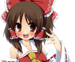 Rule 34 | 1girl, bad id, bad pixiv id, bare shoulders, brown hair, detached sleeves, ebiebiebio, face, female focus, hair ribbon, hakurei reimu, japanese clothes, looking at viewer, miko, open mouth, red eyes, ribbon, smile, solo, teeth, touhou
