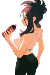 Rule 34 | 1girl, bare arms, black hair, black pants, blush, bottle, bright pupils, brown eyes, commentary request, creatures (company), cross scar, dendra (pokemon), eyelashes, game freak, hand up, highres, holding, holding bottle, looking to the side, nintendo, osg pk, pants, parted lips, pokemon, pokemon sv, scar, scar on face, scar on forehead, sidelocks, simple background, solo, sports bra, water bottle, white background, white pupils