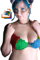 Rule 34 | 1girl, 2k-tan, blue eyes, blue hair, breasts, cosplay photo, glasses, logo, looking at viewer, matching hair/eyes, medium breasts, microsoft windows, os-tan, photo (medium), quinne, simple background, solo, suicide girls, third-party edit, white background