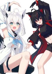 2girls absurdres ahoge animal_ear_fluff animal_ear_piercing animal_ears aqua_eyes bare_shoulders black_hair black_hoodie black_jacket black_shorts black_tail black_thighhighs black_vs_white blue_neckerchief blush braid crop_top crossed_bangs dark_persona detached_sleeves double-parted_bangs dual_persona earrings embarrassed extra_ears feet_out_of_frame female_focus fox_ears fox_girl fox_tail front_slit hair_between_eyes heart_arms_duo highleg highleg_panties highres hololive hood hoodie jacket jewelry kurokami_fubuki long_hair looking_at_viewer low-tied_long_hair multicolored_tail multiple_girls navel neckerchief open_clothes open_jacket open_mouth panties red_eyes red_hair red_streaks ru_airasuto sailor_collar shirakami_fubuki shirakami_fubuki_(1st_costume) short_shorts shorts side_braid sidelocks simple_background single_braid single_thighhigh tail thigh_strap thighhighs turtleneck underwear virtual_youtuber white_background white_hair white_hoodie white_tail wide_sleeves