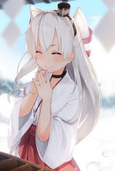 Rule 34 | 10s, 1girl, amatsukaze (kancolle), blonde hair, blurry, blush, box, choker, depth of field, donation box, closed eyes, hair tubes, hairband, hakama, hakama skirt, hat, japanese clothes, kantai collection, long hair, long sleeves, meth (emethmeth), miko, mini hat, own hands together, red hakama, shide, skirt, smile, solo, twintails, two side up, wide sleeves