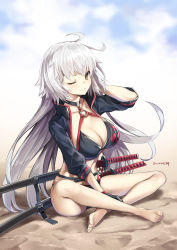 Rule 34 | 1girl, absurdres, bare legs, barefoot, beach, bikini, black bikini, black gloves, black jacket, blue sky, blush, breasts, brown eyes, cleavage, closed mouth, cloud, cloudy sky, day, fate/grand order, fate (series), gloves, hand up, highres, horizon, jacket, jeanne d&#039;arc alter (swimsuit berserker) (fate), jeanne d&#039;arc (fate), jeanne d&#039;arc alter (fate), jeanne d&#039;arc alter (swimsuit berserker) (fate), large breasts, long hair, long sleeves, o-ring, o-ring bikini, o-ring top, ocean, one eye closed, outdoors, sand, shrug (clothing), silver hair, sitting, sky, solo, swimsuit, toenails, twitter username, tyone, very long hair, water