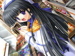 1girl black_hair blush female_focus game_cg hat holding holding_jewelry holding_ring indoors jewelry long_hair long_sleeves looking_at_viewer open_mouth purple_eyes ring snow_(game) solo standing sweater turtleneck turtleneck_sweater yukizuki_sumino