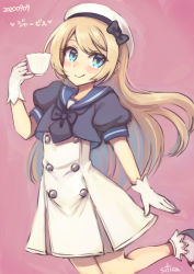 Rule 34 | 1girl, artist request, black footwear, blonde hair, blue eyes, blue sailor collar, character name, commentary request, cowboy shot, cup, dated, dress, gloves, gradient background, hat, jervis (kancolle), kantai collection, long hair, looking at viewer, mary janes, one-hour drawing challenge, pink background, sailor collar, sailor dress, sailor hat, shoes, short sleeves, silica (silica silylate), smile, socks, solo, standing, standing on one leg, teacup, white dress, white gloves, white hat, white socks