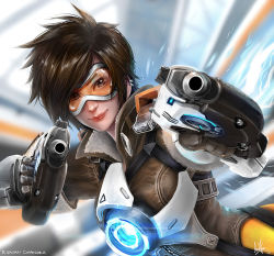 Rule 34 | 1girl, aiming, aiming at viewer, brown hair, dual wielding, goggles, gun, handgun, holding, looking at viewer, meganerid, overwatch, overwatch 1, short hair, smile, solo, tracer (overwatch), upper body, weapon
