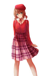 Rule 34 | 1girl, blush, breasts, brown hair, checkered clothes, checkered skirt, choker, collarbone, feet out of frame, green eyes, hat, head tilt, highres, legs, looking at viewer, medium breasts, neck ribbon, red choker, red hat, redpoke, ribbon, saenai heroine no sodatekata, sagara mayu, short hair, simple background, skirt, smile, solo, standing, white background