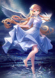 Rule 34 | 1girl, angel, angel wings, bare legs, barefoot, blonde hair, blouse, breasts, clothes lift, dress, eyebrows hidden by hair, feathered wings, flower, green eyes, hair between eyes, hair flower, hair ornament, highres, lifting own clothes, long hair, looking at viewer, maica sunahara, medium breasts, milky way, night, night sky, ocean, original, parted lips, shirt, shirt lift, sky, smile, solo, standing, star (sky), starry sky, toes, white dress, wings