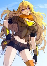 Rule 34 | 1girl, artist request, bike shorts, blonde hair, breasts, cleavage, fingerless gloves, gloves, hand on own hip, highres, large breasts, legs, long hair, looking at viewer, midriff, navel, purple eyes, rwby, smile, solo, thighs, yang xiao long