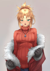 Rule 34 | 1girl, :o, black gloves, blonde hair, blue pants, blush, breasts, casual, coat, commentary request, cowboy shot, fate/grand order, fate (series), fur-trimmed coat, fur collar, fur trim, gloves, green eyes, grey background, hair ornament, hair scrunchie, half-closed eye, high ponytail, highres, jewelry, long sleeves, looking at viewer, medium breasts, mordred (fate), mordred (fate/apocrypha), necklace, ohako (ohako1818), open mouth, pants, parted bangs, ponytail, red coat, red scrunchie, red sweater, ribbed sweater, scrunchie, short hair, sidelocks, simple background, solo, standing, sweater, tsurime, undressing, uneven eyes, v-shaped eyebrows