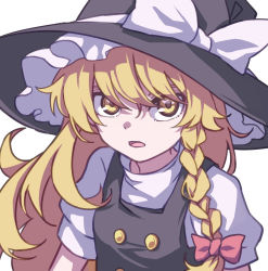 Rule 34 | 1girl, absurdres, black hat, black vest, blonde hair, bow, braid, eyebrows hidden by hair, frilled hat, frills, hair bow, hat, hat bow, highres, kame (kamepan44231), kirisame marisa, long hair, looking at viewer, one-hour drawing challenge, open mouth, red bow, shirt, short sleeves, side braid, simple background, single braid, solo, touhou, upper body, vest, white background, white bow, white shirt, yellow eyes