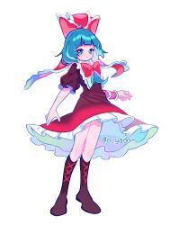 Rule 34 | 1girl, absurdres, blue eyes, blue hair, boots, bow, brown dress, brown footwear, closed mouth, collar, collared dress, dress, full body, gradient clothes, hair bow, halftone, highres, hime cut, kagiyama hina, looking at viewer, medium hair, muse dash, red bow, red dress, simple background, smile, solo, standing, touhou, twitter username, white background, yadoyuki