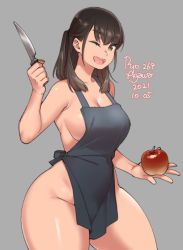 Rule 34 | 1girl, agawa ryou, apple, apron, artist name, bare shoulders, blue apron, breasts, brown eyes, brown hair, cleavage, collarbone, commentary, dated, english commentary, food, fruit, grey background, holding, holding food, holding fruit, holding knife, knife, large breasts, long hair, naked apron, numbered, one eye closed, open mouth, original, sideboob, simple background, smile, solo, teeth, thick thighs, thighs, upper teeth only, wide hips