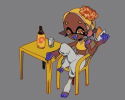 Rule 34 | + +, 1girl, arrow (symbol), asymmetrical hair, bare shoulders, blonde hair, bottle, caffstrink, colored eyelashes, covered collarbone, coxinha (food), crop top, cup, dark-skinned female, dark skin, drink, drinking glass, fangs, female focus, flat color, food, frye (splatoon), full body, grey background, hair tie, half-closed eyes, hand up, happy, holding, holding food, inkling, knee up, looking at viewer, medium hair, midriff, navel, nintendo, object on head, on chair, open mouth, orange pupils, pants, pointy ears, puffy pants, shirt, simple background, sitting, sketch, sleeveless, sleeveless shirt, smile, socks, solo, splatoon (series), splatoon 3, stomach, table, tentacle hair, tentacles, toeless legwear, white pants, white socks, yellow eyes, yellow shirt