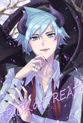 Rule 34 | 1boy, aihysa, aqua hair, black nails, buttons, collared shirt, commentary request, creatures (company), fangs, game freak, green eyes, hand up, highres, horns, jewelry, long sleeves, male focus, nail polish, necktie, nintendo, open mouth, pokemon, pokemon oras, red necktie, ring, shirt, short hair, smile, solo, spiked hair, steven stone, teeth, tongue, trick or treat, undone necktie, upper body, upper teeth only, vest, white shirt, wings