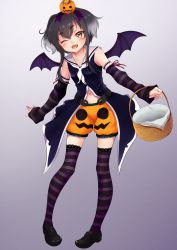 Rule 34 | 1girl, absurdres, basket, bat wings, black hair, blush, brown eyes, full body, gradient background, gradient hair, halloween, halloween costume, happy halloween, hat, highres, kantai collection, looking at viewer, makura (y makura), mini hat, multicolored hair, navel, one eye closed, pumpkin shorts, shoes, short hair, short hair with long locks, sidelocks, smile, solo, striped clothes, striped thighhighs, thighhighs, tokitsukaze (kancolle), wings