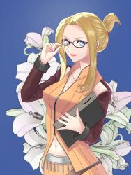 Rule 34 | 1girl, bagel dffoo, blonde hair, blue eyes, collarbone, dissidia final fantasy, dissidia final fantasy opera omnia, final fantasy, final fantasy viii, floral background, glasses, highres, lipstick, long hair, looking at viewer, makeup, navel, open mouth, quistis trepe, red lips, simple background, smile, solo, yurara (aroma42enola)