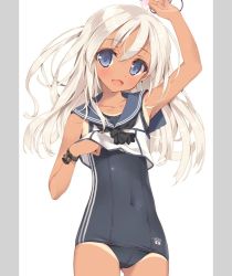 Rule 34 | 10s, 1girl, arm up, armpits, blue eyes, blush, commentary request, covered navel, crop top, dakimakura (medium), flower, hair flower, hair ornament, kantai collection, long hair, one-piece tan, open mouth, ro-500 (kancolle), sailor collar, school swimsuit, smile, solo, swimsuit, swimsuit under clothes, tan, tanline, thigh gap, tsurusaki takahiro