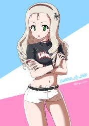 Rule 34 | 1girl, absurdres, blonde hair, blush, breasts, crossed arms, drops mint, girls und panzer, green eyes, highres, long hair, looking at viewer, marie (girls und panzer), midriff, navel, open mouth, shorts, small breasts, solo, white shorts