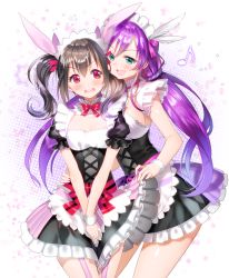 Rule 34 | 10s, 2girls, :d, aile (crossroads), aqua eyes, arm around waist, black hair, blush, breasts, cowboy shot, fang, flat chest, garter straps, hair ribbon, love live!, love live! school idol project, low twintails, maid, maid headdress, mogyutto &quot;love&quot; de sekkin chuu!, multiple girls, musical note, open mouth, purple hair, red eyes, ribbon, skirt, smile, tojo nozomi, twintails, v arms, yazawa nico
