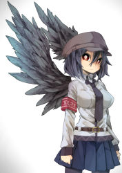 Rule 34 | 1girl, adapted costume, aoi kujira, belt, black hair, black necktie, black pantyhose, black wings, blue skirt, breasts, bright pupils, collared shirt, cowboy shot, expressionless, feathers, flat cap, hair between eyes, hat, large breasts, long sleeves, looking at viewer, miniskirt, necktie, pantyhose, pleated skirt, red eyes, shameimaru aya, shirt, skirt, solo, standing, touhou, two-tone background, white background, wing collar, wings
