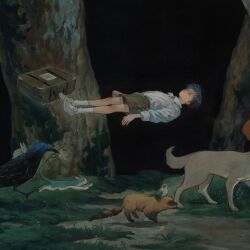 Rule 34 | 1boy, animal, arms at sides, badger, bird, black hair, cat, child, closed eyes, collared shirt, crow, dark, dog, expressionless, floating, floating object, forest, from side, grass, green shorts, highres, jumping, moss, n0ma, nature, original, outdoors, painting (medium), rabbit, scenery, shirt, shoes, short hair, shorts, sneakers, socks, suitcase, surreal, traditional media, tree, white footwear, white shirt, white socks, wide shot